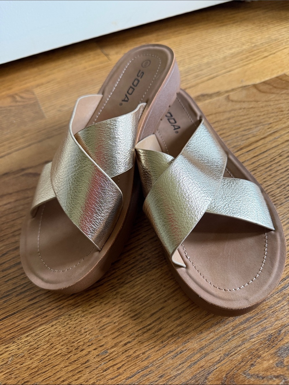 Soda Metallic Gold Crisscross Platform Slide Sandals